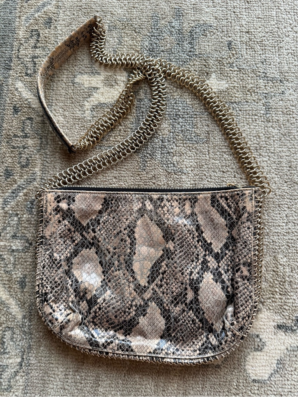 Stella McCartney Snake-Print Crossbody Bag in Beige and Black with Gold Chain